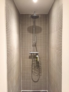 Overhead rain-shower in wetroom shower area of bathroom